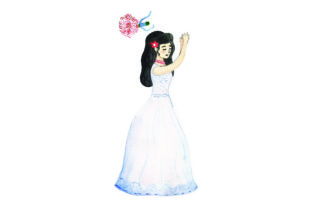 Bride Throwing Flowers over Her Head - Watercolor