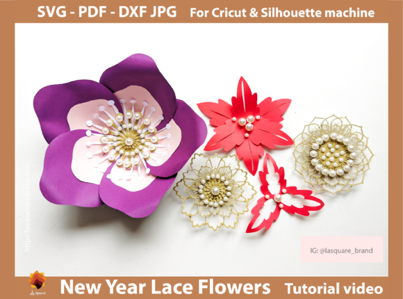 New Year Lace Flowers Backdrop Templates: 3D SVG Paper Flowers